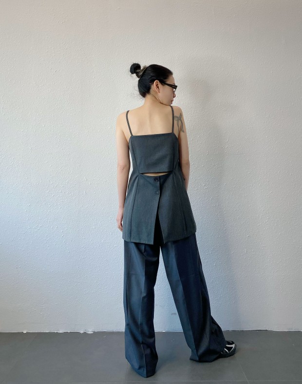 Grey Longline Button Up Top #250343